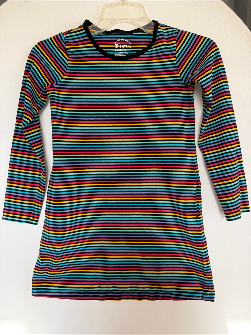 Mightly Rainbow Stripe Long Sleeve Dress girls 10 pockets EUC organic cotton